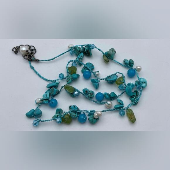 Howlite Pearl Peridot Quartz Beaded Necklace Artisan Made sterling silver blue - Picture 2 of 10